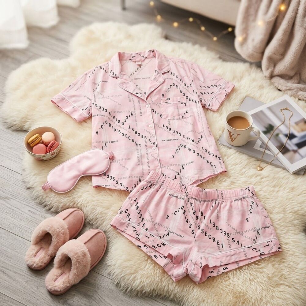 Victoria's Secret Purest Pink Black Monogram Short Pajama Set Size S